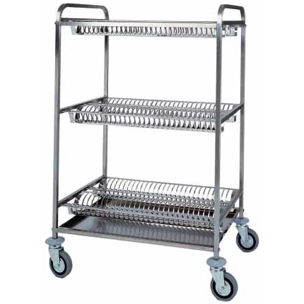 Carucior din inox cu 3 rafturi pentru scurgere vase