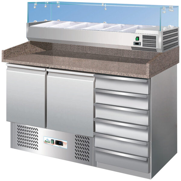 Masa frigorifica pentru pizza cu 2 usi si 6 sertare, 1400x700x1020mm